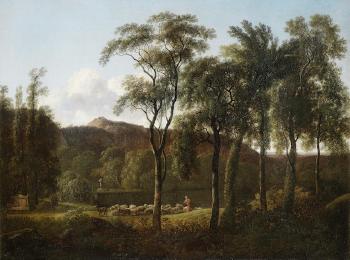 A shepherd and flock in a landscape with a sculptural herm beside a lake by 
																	Pierre Henri de Valenciennes