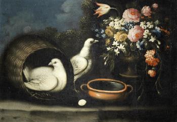 An urn of flowers with two birds and a dish of water by 
																	Angolo Zani di Pisa
