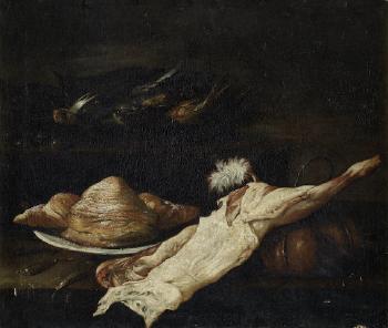 A kitchen still life with sfogliatelle, dead birds, cheese and a joint of meat by 
																	 Pseudo Salini