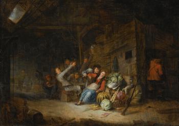 A Barn Interior With Figures Drinking Around A Table by 
																	Gerrit Lundens