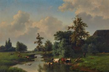 Farm Animals By A Stream by 
																	Cornelis Jan de Vogel