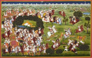 Maharaja Ajit Singh and his entourage hunting by 
																	 Jodhpur School