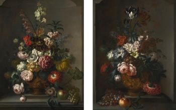 Two still lifes with flowers in sculpted bronze urns, each set within a stone niche and beside a bunch of grapes by 
																	Johann Baptist Halszel