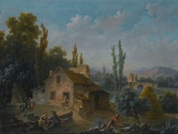 River landscape with a farm, with figures drawing water and chopping wood by 
																	Jacques Nicolas Julliard