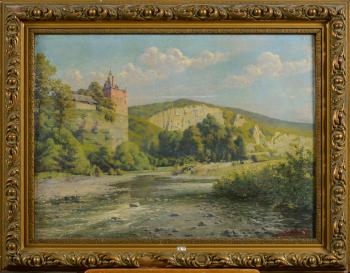 Vue du château de Walzin surplombant la Lesse by 
																	Charles Joseph van Landuyt
