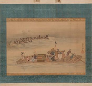 Depicting a Ferry on a River by 
																	Hanabusa Itcho