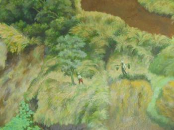 Landscape in an aerial view, with farmers in a field and a 
boat on the sea by 
																			Kunio Makino