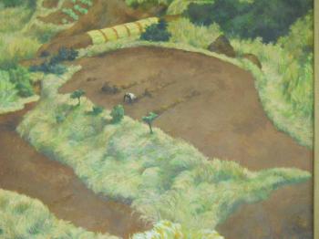 Landscape in an aerial view, with farmers in a field and a 
boat on the sea by 
																			Kunio Makino