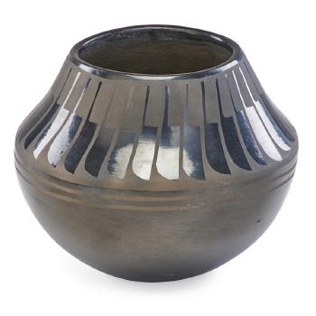 Blackware olla with etched feather pattern by 
																	 San Ildefonso