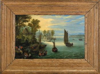 Coastal landscape with ships and fishermen by 
																			Pieter Gysels