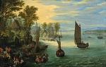 Coastal landscape with ships and fishermen by 
																			Pieter Gysels