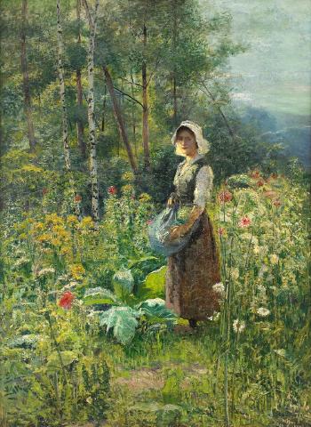 Girl picking flowers by 
																			Jean Beauduin