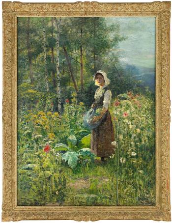 Girl picking flowers by 
																			Jean Beauduin