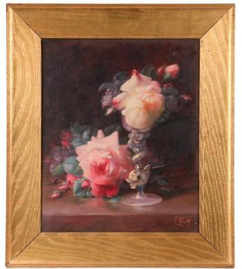 Still life with pink roses and venetian glass dolphin compote by 
																			Frederick M Fenetty