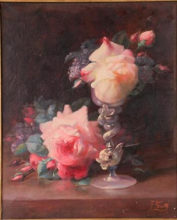 Still life with pink roses and venetian glass dolphin compote by 
																			Frederick M Fenetty