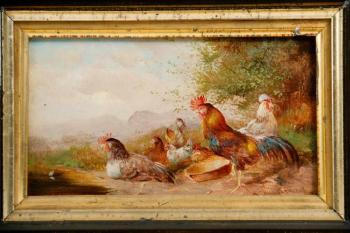 Rooster and Hens with Pan by 
																			Max Hanger