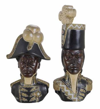 Two Carved and Painted Sculptural Wood Busts of Military Figures by 
																			Ulysse Dabouze