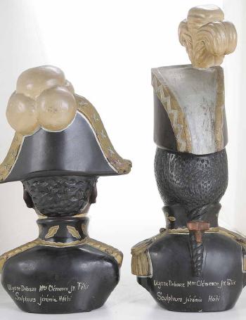 Two Carved and Painted Sculptural Wood Busts of Military Figures by 
																			Ulysse Dabouze