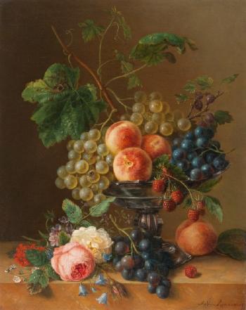 Früchtestillleben mit Silberschale und Blumen by 
																			Adriana van Ravenswaay