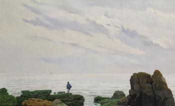 Coastal seascape in Chile with a figure on the shore by 
																	Alberto Valenzuela Llanos
