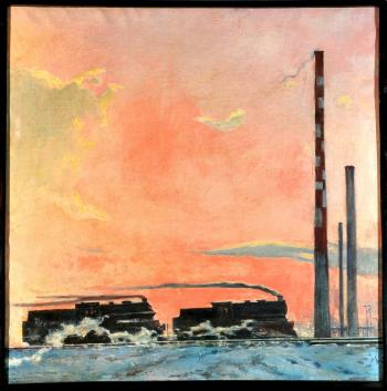 On the way - 2 Dampfloks nahe einer Industrieanlage vor rot gefärbtem Abendhimmel by 
																	Georgiy Grigorievich Nissky