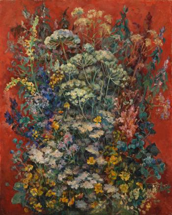 Bouquet of Flowers on a Red Background by 
																	Alexander Alexandrovitch Osmerkin