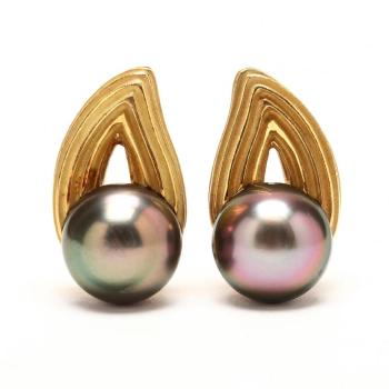 Ridged open paisley Tahitian pearl ear clips by 
																			Christopher Walling