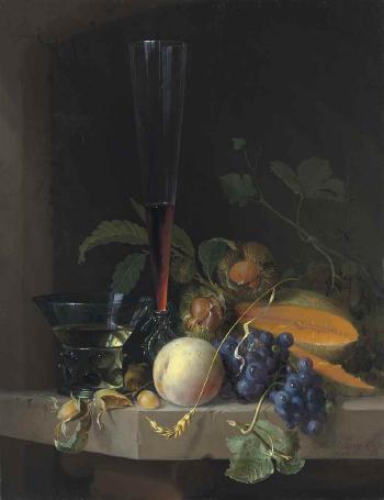 Grapes, chestnuts and a cantaloupe with a roemer and a façon de Venise wine glass on a stone ledge by 
																	Jacob van Walscapelle