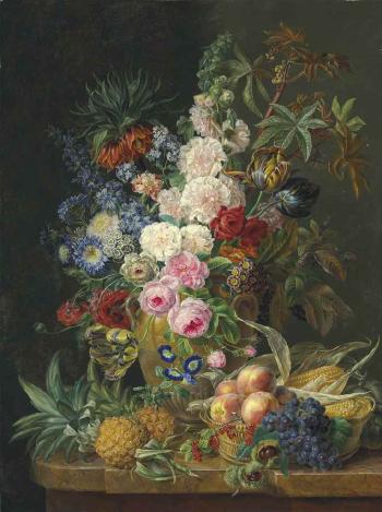 Roses, carnations, sweet william and other flowers in an alabaster vase, with pineapples and a basket of fruit and vegetables, on a marble ledge by 
																	Moise Jacobber