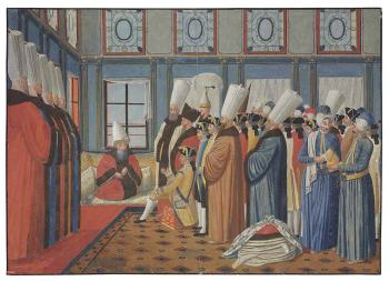 Presentation of the Count de Vergennes, Louis XV's ambassador, to Reis Effendi, Grand Vizier to the Ottoman Sultan 'Uthman III on 31 May 1755; Ambassador's presentation to Sultan 'Uthman III in… by 
																	Antoine de Favray