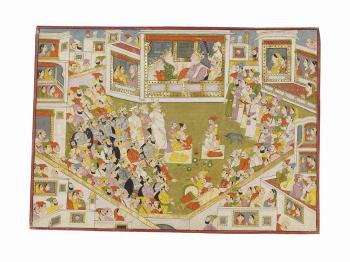 Illustration to a Mahabharata series: The Kauravas and Pandavas congregate for a sacrifice ritual by 
																	Purkhu of Kangra