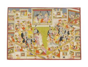 Illustration to a Mahabharata series: Duryodhana confers with the elders by 
																	Purkhu of Kangra