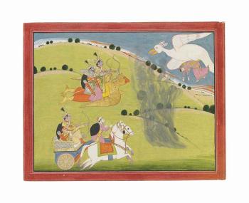 Illustration to the Harivamsa: Krishna, Arjuna and Pradyumna chase Nikumbha by 
																	Purkhu of Kangra