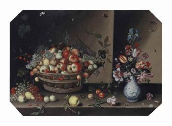 Fruit In a Basket And Flowers In a Delft Porcelain Vase, On a Ledge by 
																	Joannes Baers
