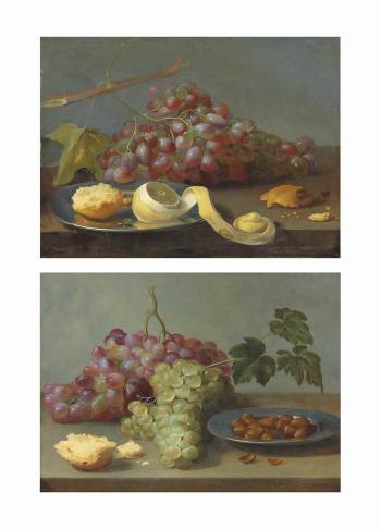 Grapes With a Peeled Lemon And Bread On a Pewter Plate, On a Ledge; Grapes With Bread And Hazelnuts On a Pewter Plate, Both On a Ledge by 
																	Jacob van Es