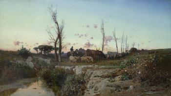 A pastoral landscape in the Roman campagna by 
																	Giuseppe Laezza