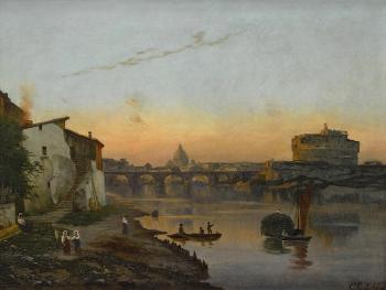 A view of St. Peter's Basilica and Castel Sant'Angelo, Rome by 
																	Karl Bernhard Mackeldey