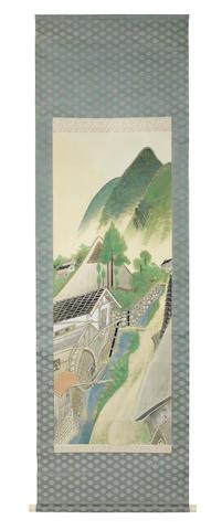 Watermill, farm buildings, trees, and mountains. White and mauve irises by 
																	Kosaku Onda