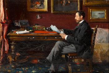 Portrait of a man, probably E. Fulde, reading at his desk by 
																	Joaquin Barbara y Balza