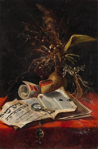 A still life with a book of Jewish mysticism by 
																	Emil Rumpf