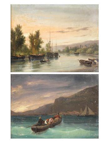 River landscape with boats; figures in a rowing boat by 
																	 Canella
