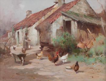 Hens by a cottage by 
																	Robert Russell MacNee