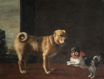 A Mastiff and a Tricolour Cavalier King Charles Spaniel in a landscape by 
																	Michele di Campidoglio