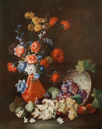 A terracotta vase filled with flowers beside an overturned pewter dish of grapes and figs by 
																	Tommaso Realfonso