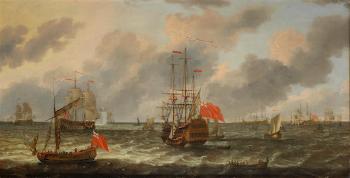 A smack-rigged Royal Yacht, an English two decker and the English fleet at anchor, with a man o' war firing a salute by 
																	Isaac Sailmaker