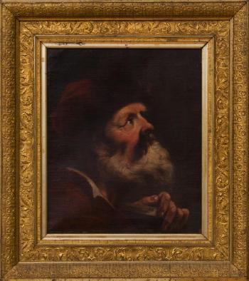 A head study of a bearded man in a red fur lined cap by 
																			Domenico Maggiotto