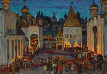 The Kremlin At Night On The Eve Of The Coronation Of Tsar Mikhail Fedorovich by 
																	Konstantin Yuon