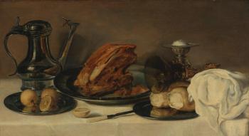 Still Life With A Pewter Jug, A Ham On A Pewter Plate, Lemons, Bread, A Gilt Mounted Roemer And Other Objects On Table Covered In A White Cloth by 
																	Franchoys Elout
