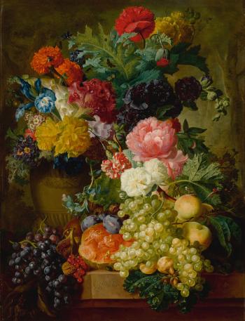 Elaborate Still Life Of Flowers And Fruit Resting On A Stone Ledge, A Wooded Landscape Beyond by 
																	Georgius Jacobus Johannes van Os