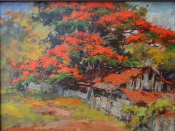Kampong Cottage with Flamboyant Trees (Dessableu) by 
																	Gerard Pieter Adolfs